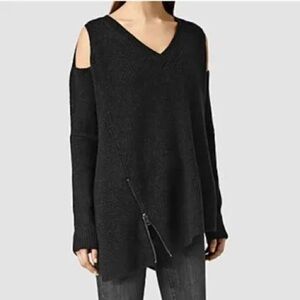 All Saints Black V-Neck Sweater with Unique Shoulder Detail
